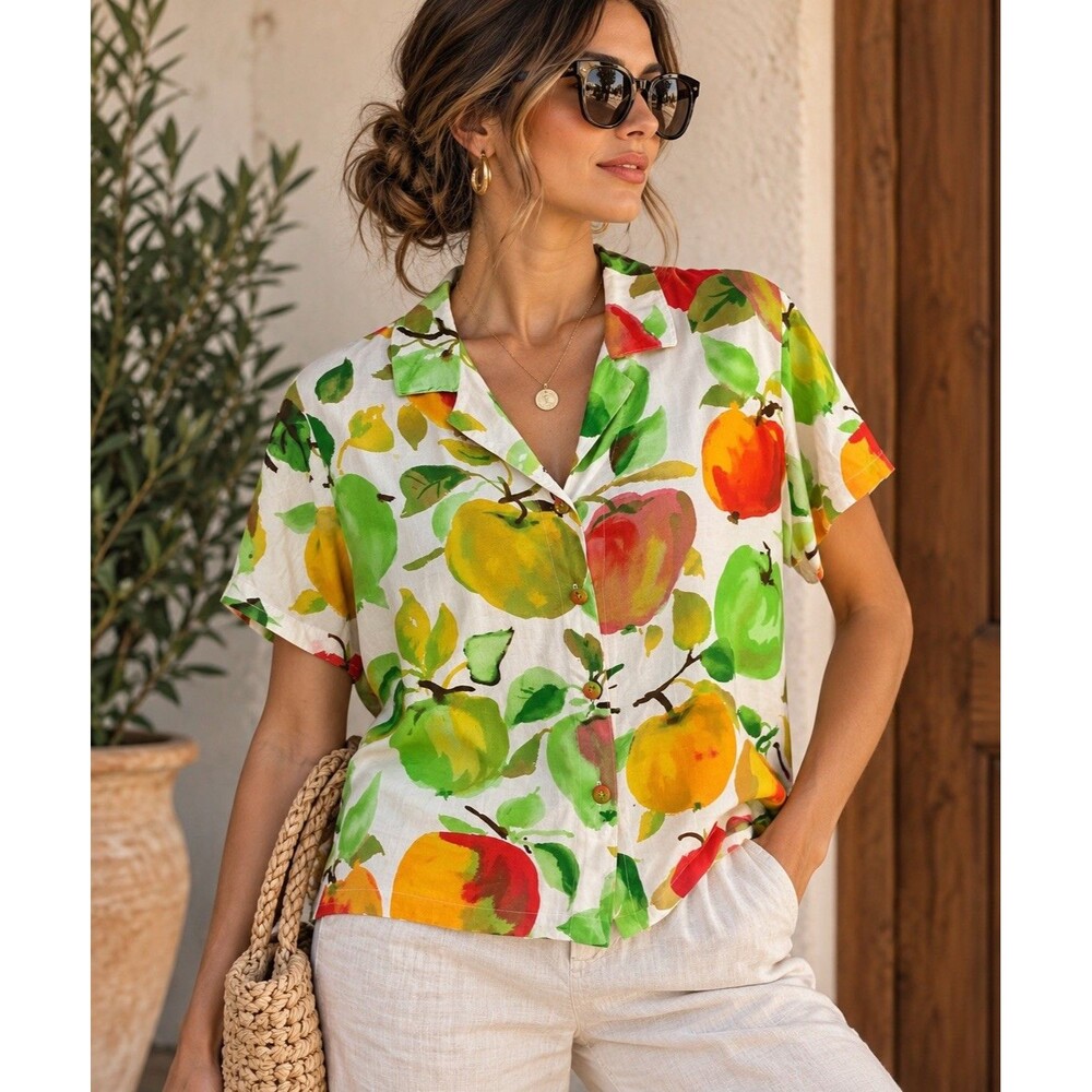 FoodART by Jams World Orchard Rayon Shirt Women’s M Hawaiian Fruit Print